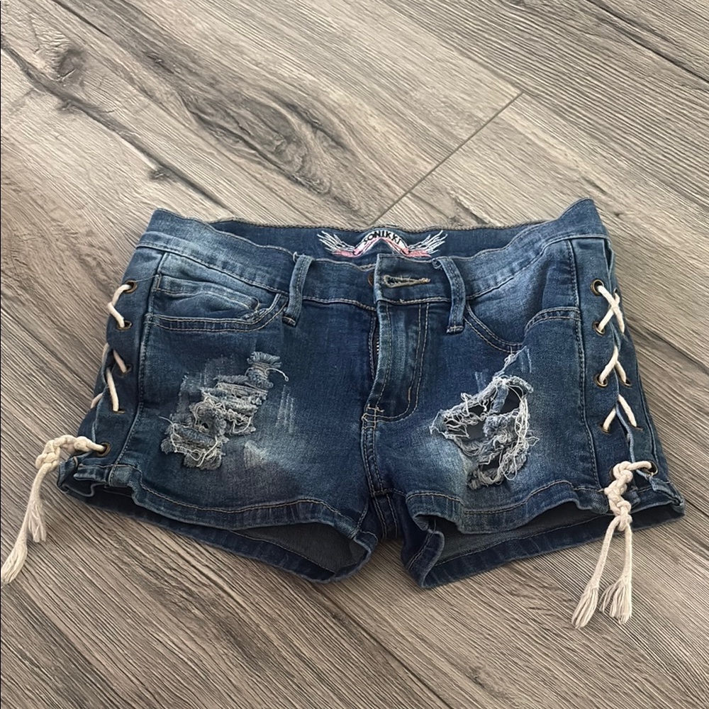 So Nikki Blue Jean Shorts with Distressed Lace-Up Sides
